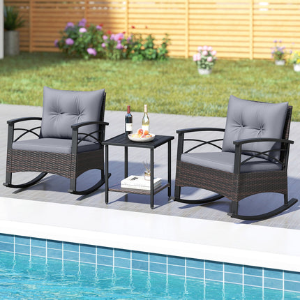3 Piece Rocking Bistro Set PE Rattan Rocker Chairs with Acacia Wood Top Table