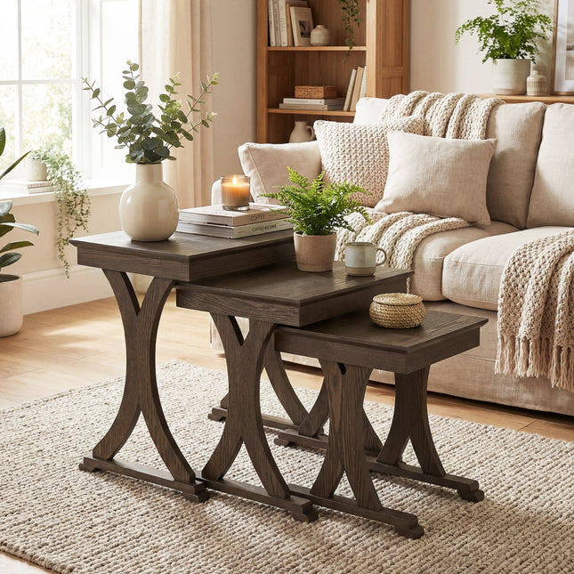 3 Pieces Nesting Coffee Table Side Table with Solid Rubber Wood Legs-Brown