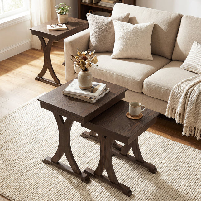 3 Pieces Nesting Coffee Table Side Table with Solid Rubber Wood Legs-Brown