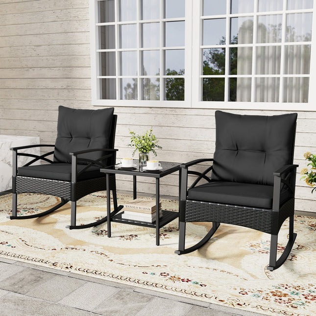 3 Pieces Outdoor Rattan Rocking Chairs Set with 2-Tier Side Table for Garden Backyard