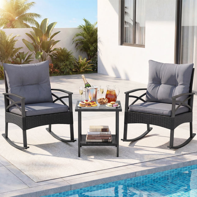 Outdoor Rattan Rocking Chair Set with Side Table - 3 Pieces