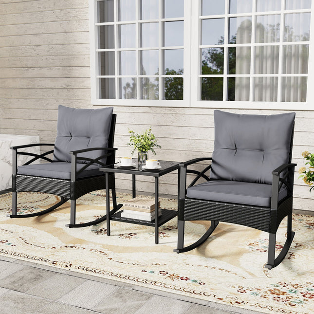 Outdoor Rattan Rocking Chair Set with Side Table - 3 Pieces