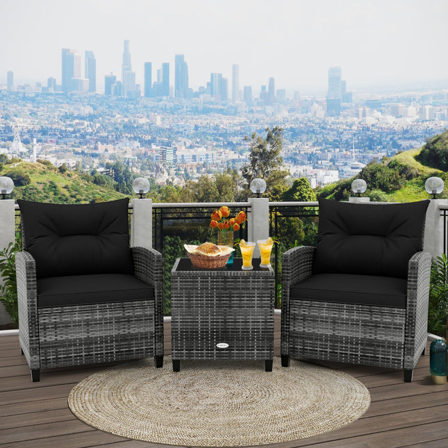 3 Pieces Outdoor Wicker Conversation Set with Tempered Glass Tabletop