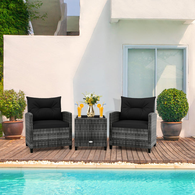 3 Pieces Outdoor Wicker Conversation Set with Tempered Glass Tabletop
