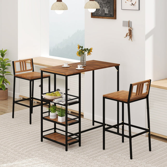 3 Pieces Outdoor Wood Bar Set with 3-Tier Storage Shelf and Metal Frame