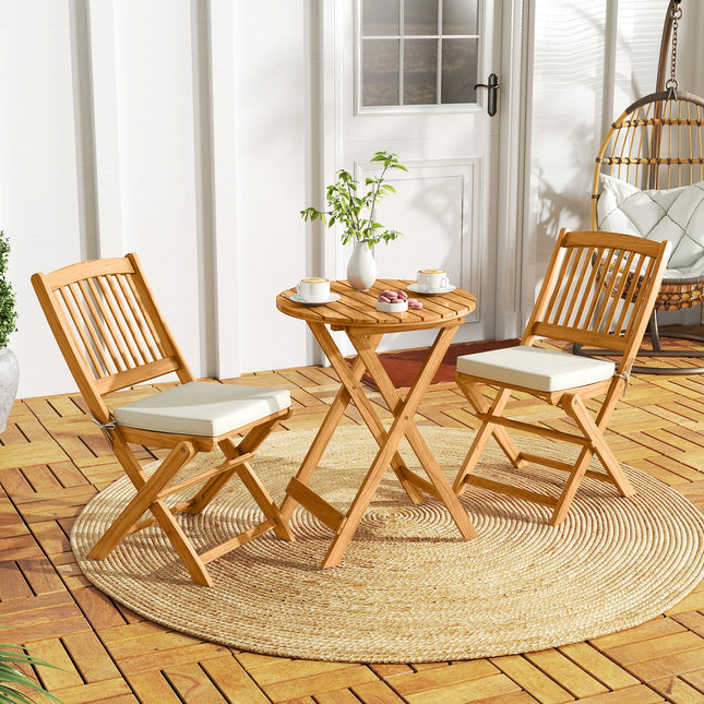 3 Pieces Acacia Wood Patio Folding Bistro Set with Soft Cushions