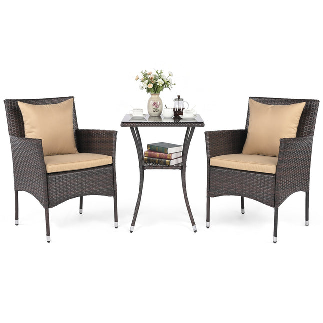 3 Pieces Patio Furniture Set with Cushioned Patio Chairs and Tempered Glass Coffee Table-Brown