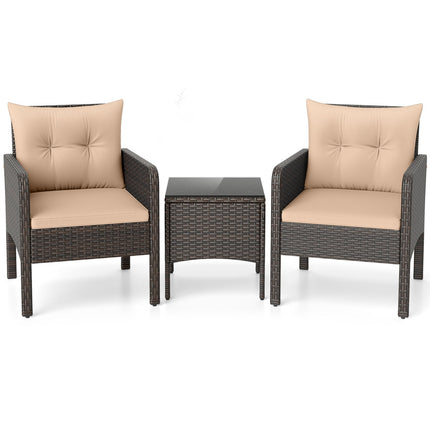 3 Pieces Patio PE Wicker Furniture Set with Cushions for Porch and Balcony