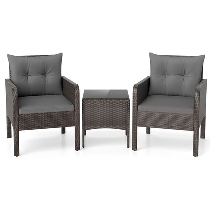 3 Pieces Patio PE Wicker Furniture Set with Cushions for Porch and Balcony