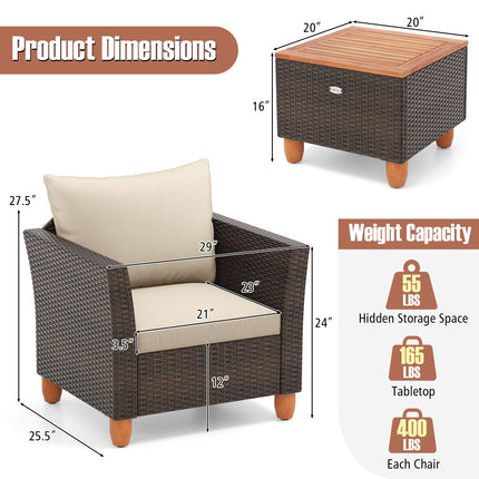 3 Pieces Patio Rattan Bistro Furniture Set with Wooden Table Top