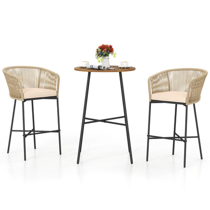 3 Pieces Rope Woven Patio Bar Set with Soft Cushions and Acacia Wood Tabletop-Beige