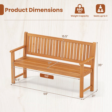 3-Seater Wooden Garden Bench with Backrest, 59 Inch