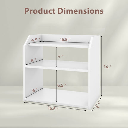 3-Tier Desktop Bookshelf Wooden Countertop Bookcase with Raised Top Guardrails-White