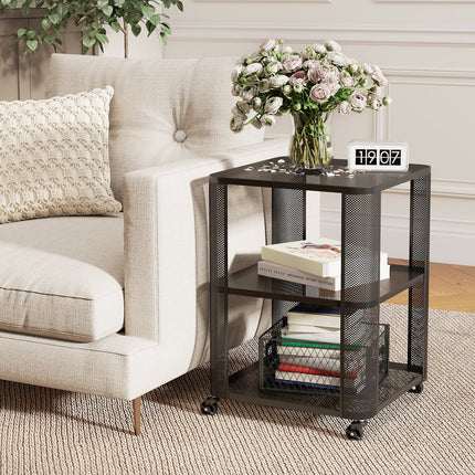 3-Tier End Table with Wheels Rolling Side Table with Open Storage Shelves