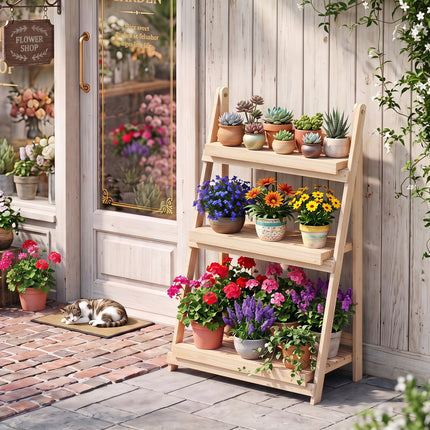 3-Tier Foldable Plant Stand with Slatted Shelves