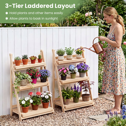 3-Tier Foldable Plant Stand with Slatted Shelves