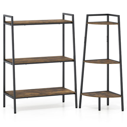 3-Tier Ladder Shelf and Corner Shelf Set with Metal Frame