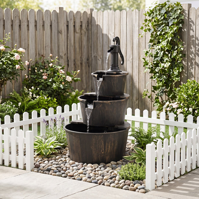 3-Tier Barrel Waterfall Fountain with Electric Pump