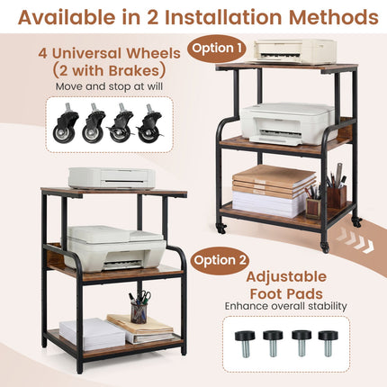 3-Tier Rolling Printer Stand with Adjustable Shelf