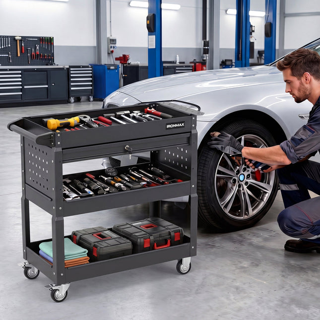 3-Tier Rolling Tool Cart with Lockable Drawer