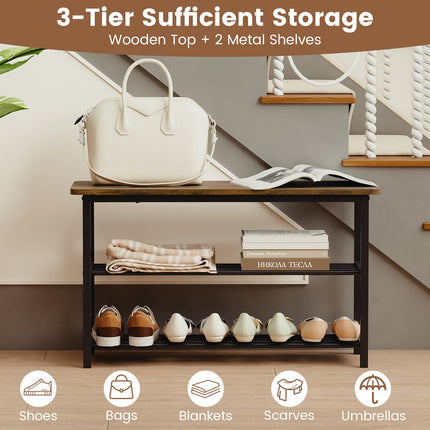 3-Tier Shoe Rack Shoe Bench with Metal Slat Shelves and Long Wooden Seat-Rustic Brown