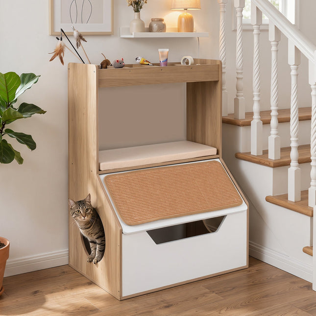 Hidden Cat Litter Box Cabinet with Scratching Pad & Cushion