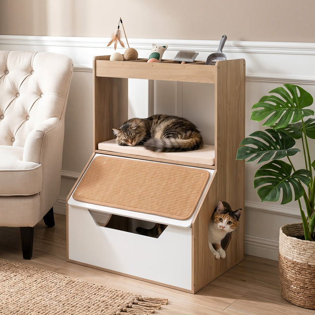Hidden Cat Litter Box Cabinet with Scratching Pad & Cushion