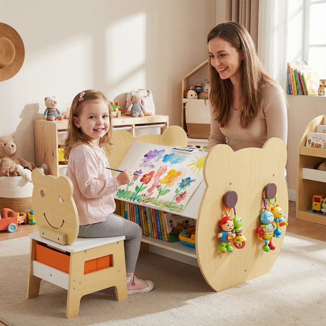 3-in-1 Kids Art Table and Chair with Storage and Reversible Whiteboard Chalkboard for Ages 3-10 Years Old-White