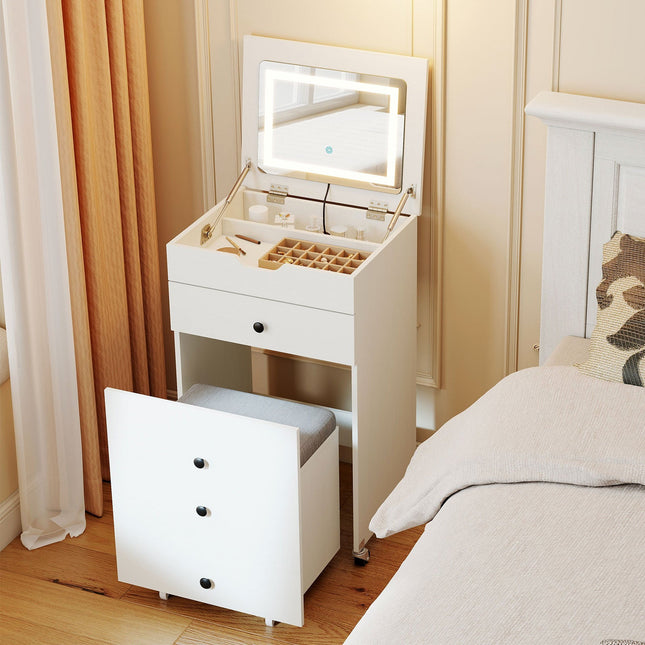 3-in-1 Small Vanity Desk Set with Flip-top Mirror and Lights with Drawers and Stool-White