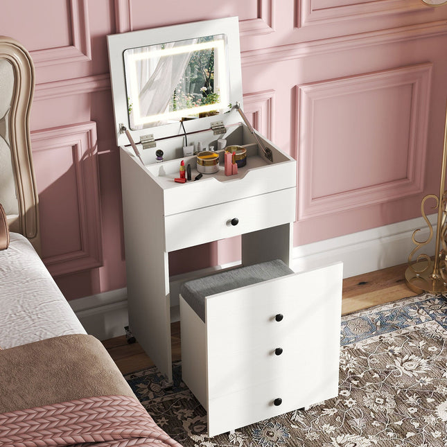 3-in-1 Small Vanity Desk Set with Flip-top Mirror and Lights with Drawers and Stool-White