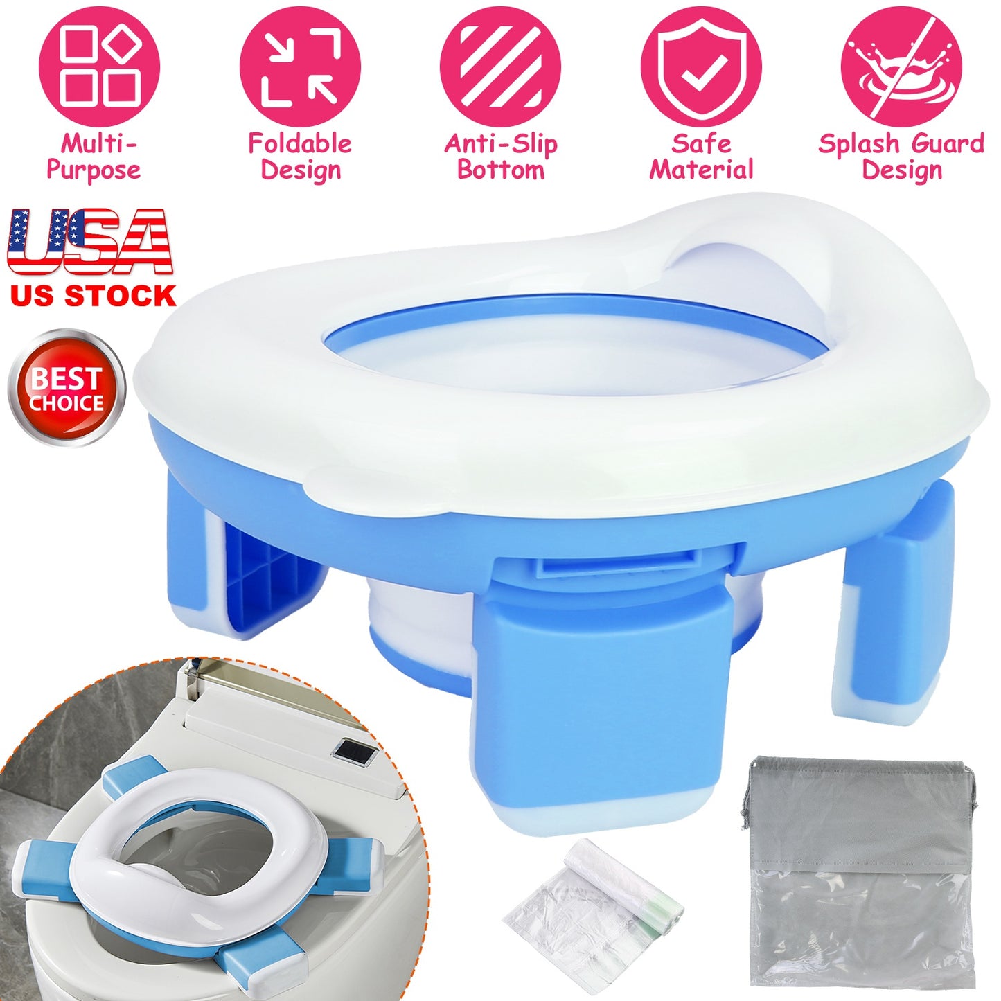 Portable Toddler Potty Toilet Foldable Potty Training Seat Cover with Splash Guard Include Storage Bag 20Psc Potty Bags Baby Toilet Trainer for Indoor