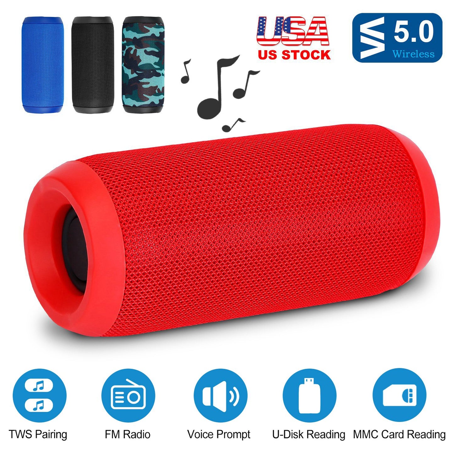 Wireless Speaker Portable TWS Music Speaker IPX5 Waterproof Outdoor Stereo Audio Speaker Support U Disk/MMC Reading FM