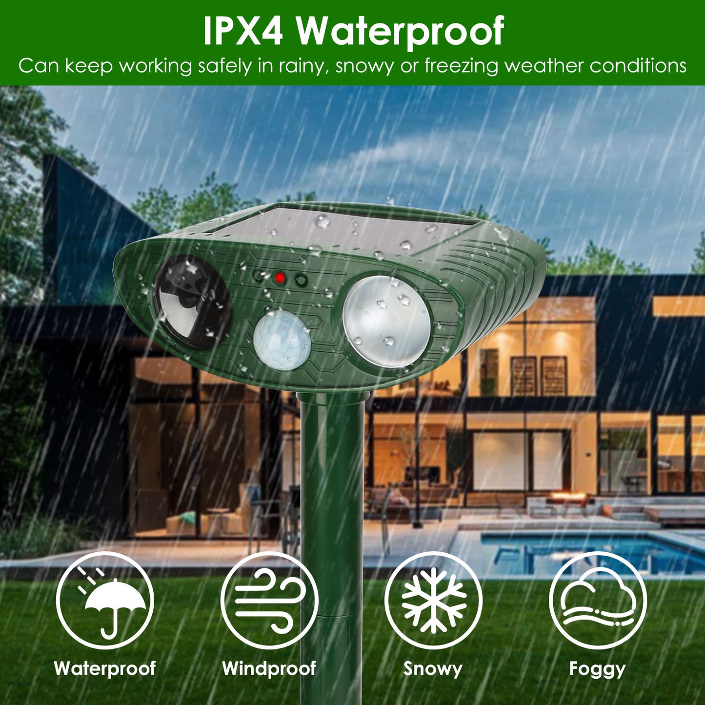 Solar Ultrasonic Animal Repeller PIR Sensor Animal Repellent Chaser with Flashing Light IPX4 Waterproof for Chasing Deer Raccoon Squirrel Rat Skunk Ra