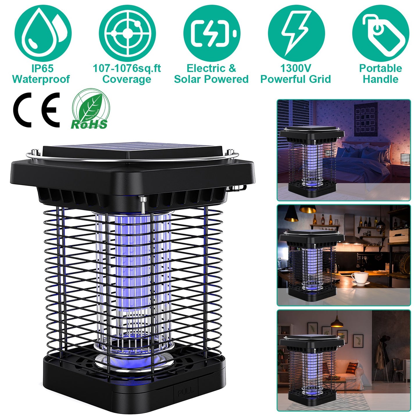 Electric Solar Powered Bug Zapper 1076Sq.Feet Range Mosquito Killer Lamp IP65 Waterproof  Insect Fly Trap Catcher for Indoor Outdoor