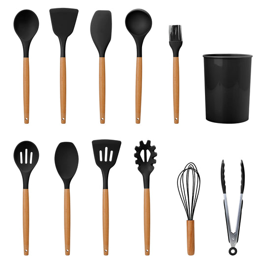 11PCS Silicone Utensil Set – Heat-Resistant with Wooden Handles & Holder