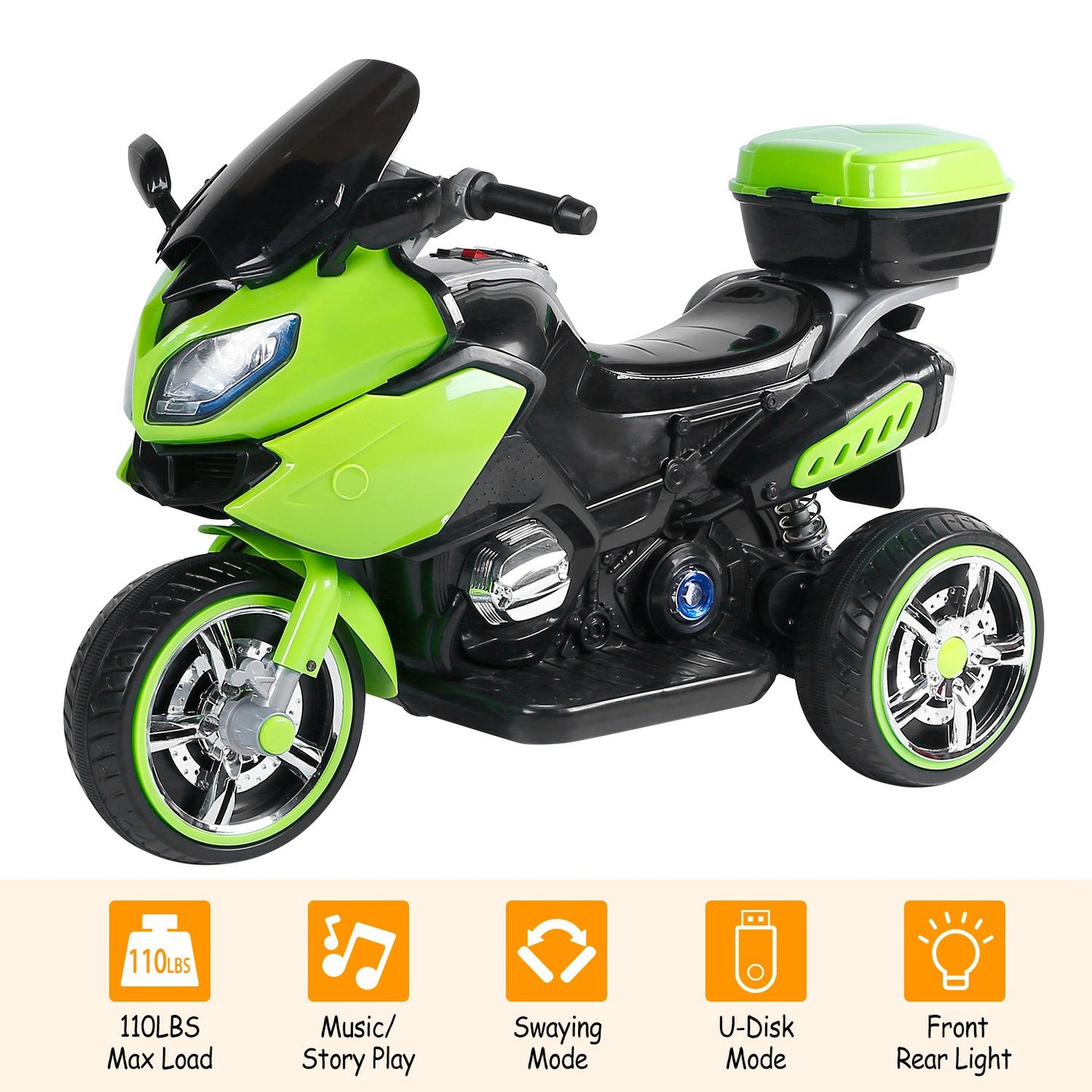 3 Wheel Motorcycle For Kids Aged 1-6 Battery Powered Ride On Toy Electric Tricycle w/Music Story Broadcasting Headlight Rear Light Forward Reverse