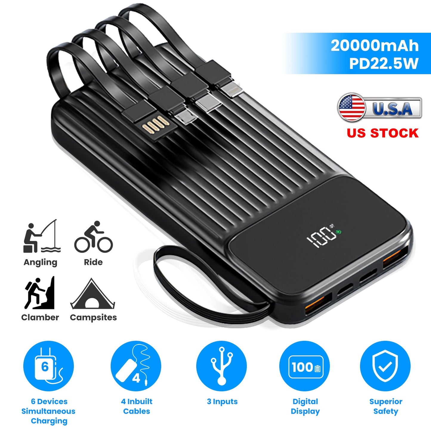 PD22.5W Fast Charger 20000mAh Fast Charging Power Bank Portable Charger with 4 Inbuilt Cables Digital Display Handle Fit For IOSPhone 15/14 Android An