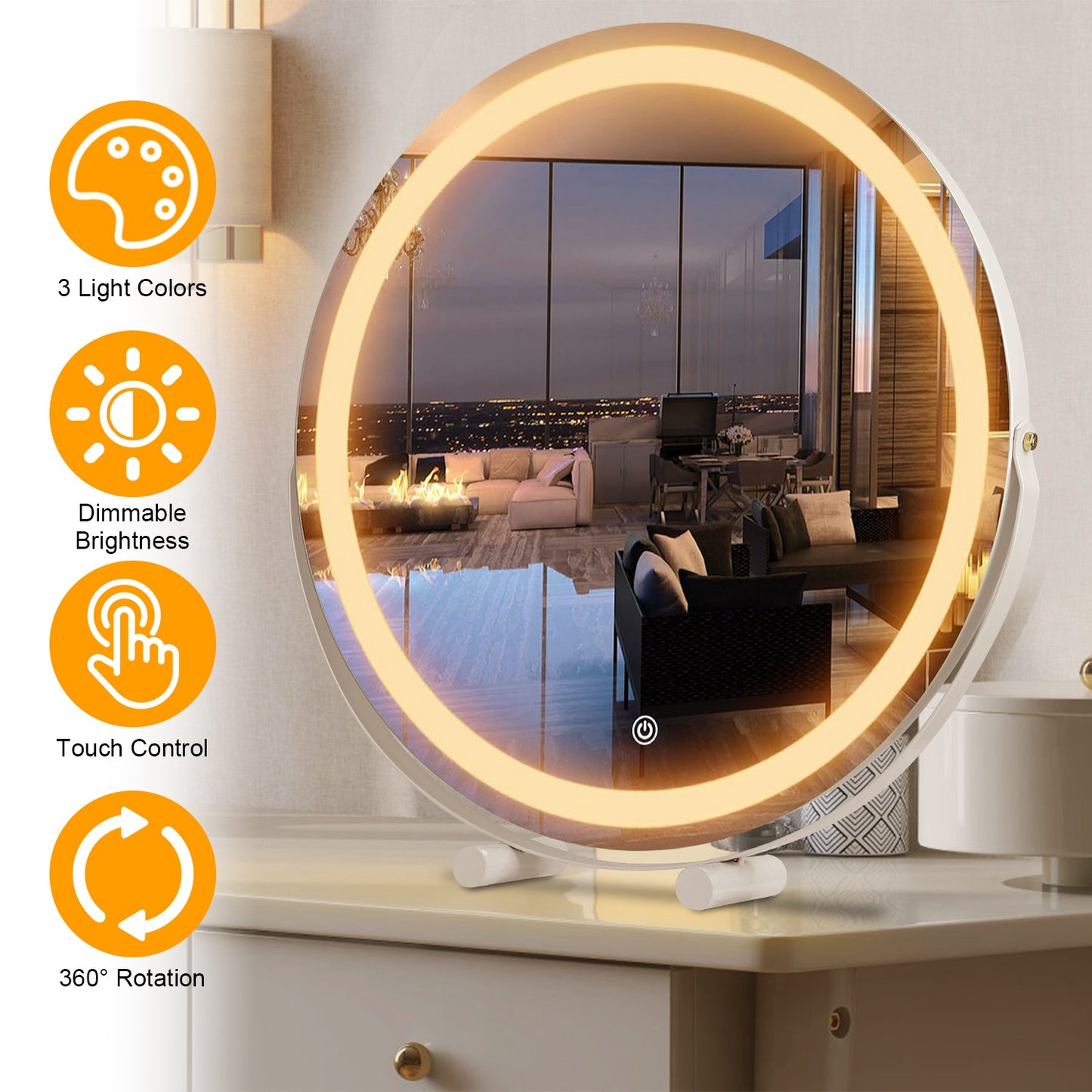 19Inch Large Round Vanity Makeup Mirror With LED Halo Light 3 Lighting Colors Dimmable Brightness Touch Control 360¡ Rotation High-Definition Lighted