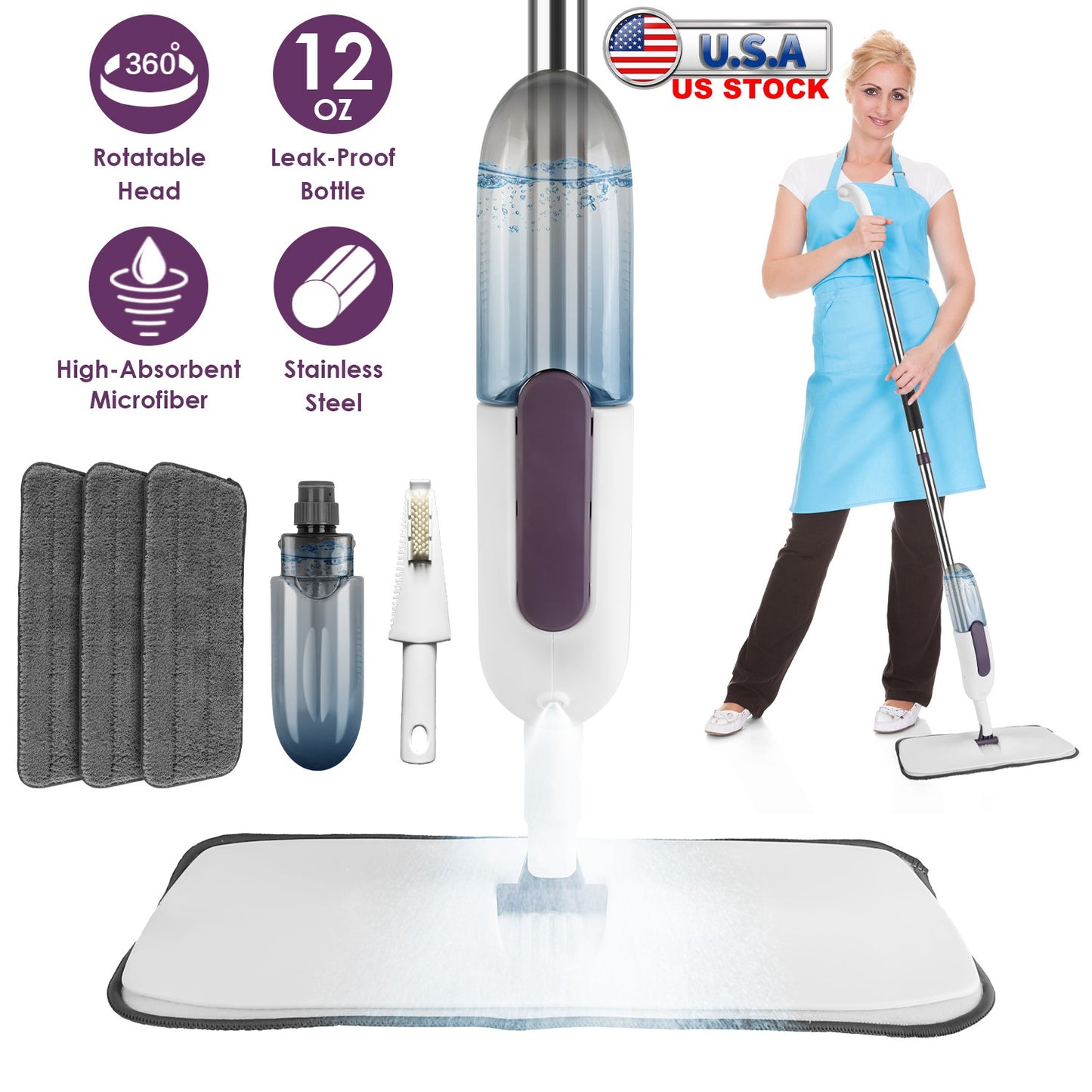 Spray Mop With 3 Machine Washable Microfiber Pads 12OZ Refillable Water Bottle Wet Dry Use Microfiber Mop For Hardwood Ceramic Tiles Laminate Floor Cl