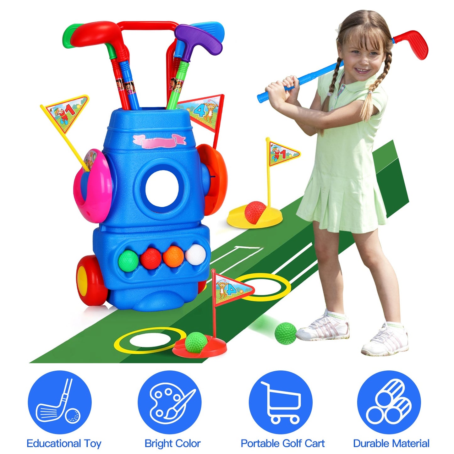 Toddler Golf Set with 4 Balls 4 Clubs 2 Holes 2 Flags Golf Cart Indoor Outdoor Golf Game Gift For 3-5 Years Old Kids