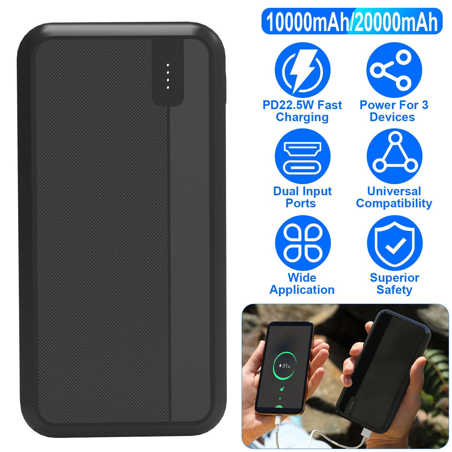 10000mAh PD22.5W Fast Charging Power Bank Fast Charger Portable Phone Charger with Type-C USB Cable Fit For IOS Phone 15/14 Samsung Galaxy S24 And Mor