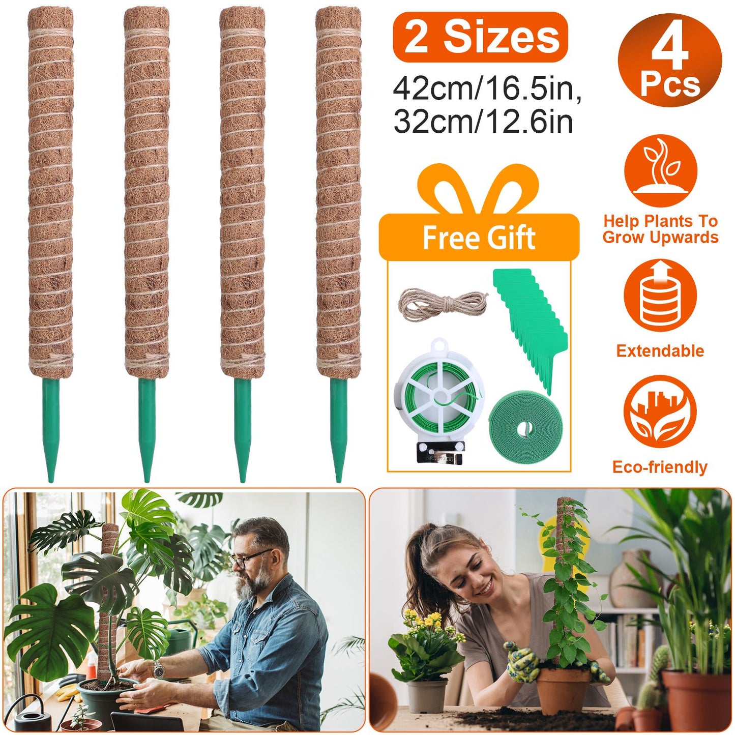 4Pcs Coco Coir Extendable Moss Pole for Climbing Plants Plant Support with 10 Labels 6.6Feet Jute Rope 6.6 Feet Fasten Strap 65.6 Feet Twist Tie Indoo