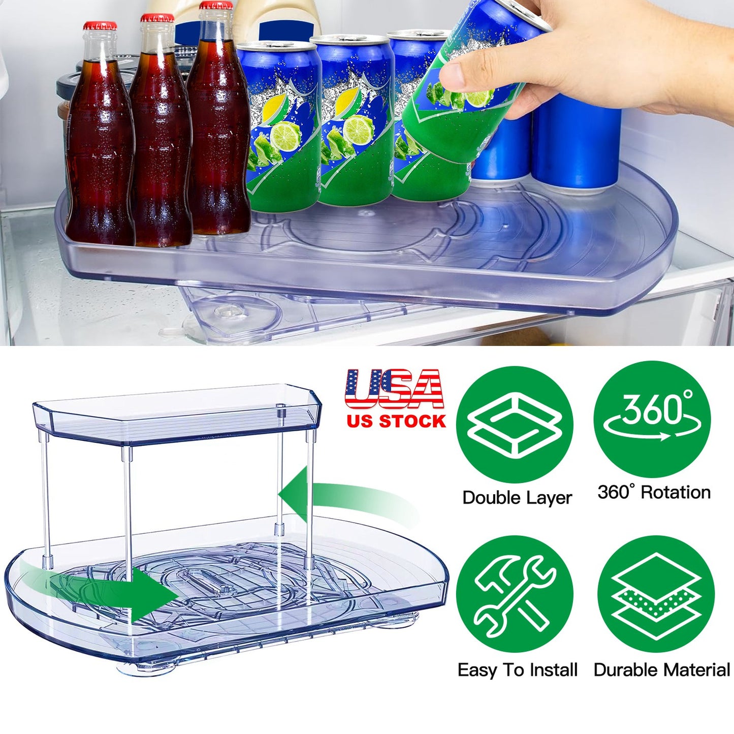 2 Tier Turntable Organizer Rectangular Refrigerator Spinner Storage Rack with 360¡ Rotatable Slide Rail for Kitchen Cabinet Countertop