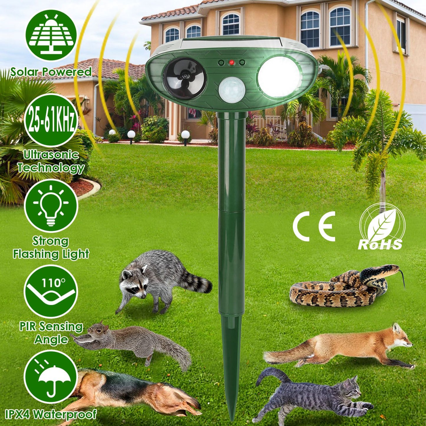 Solar Ultrasonic Animal Repeller PIR Sensor Animal Repellent Chaser with Flashing Light IPX4 Waterproof for Chasing Deer Raccoon Squirrel Rat Skunk Ra