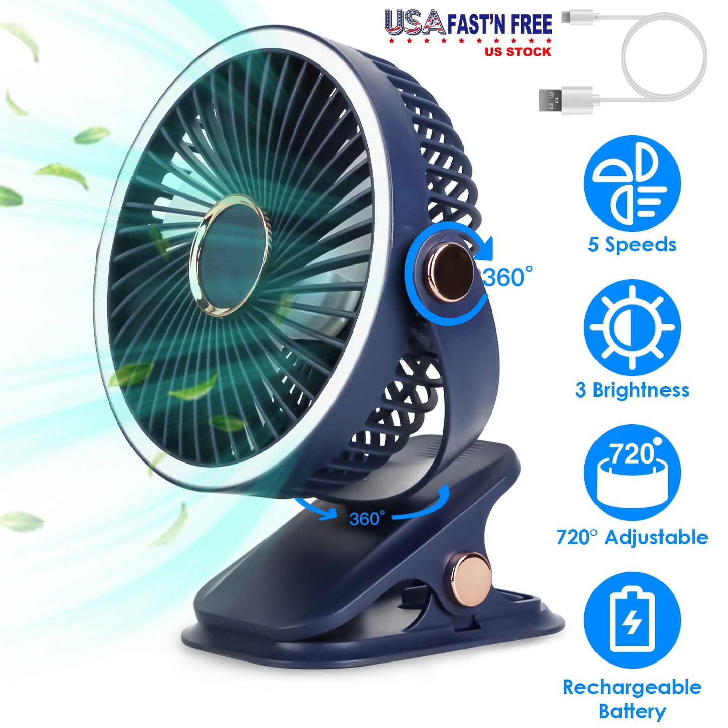 Portable Quiet Clip On Fan With 5 Speeds 3 Brightness 720¡ Fully Adjustable Angle Type-C Rechargeable Clip Desk Wall Mounted Fan For Camping Office Ho