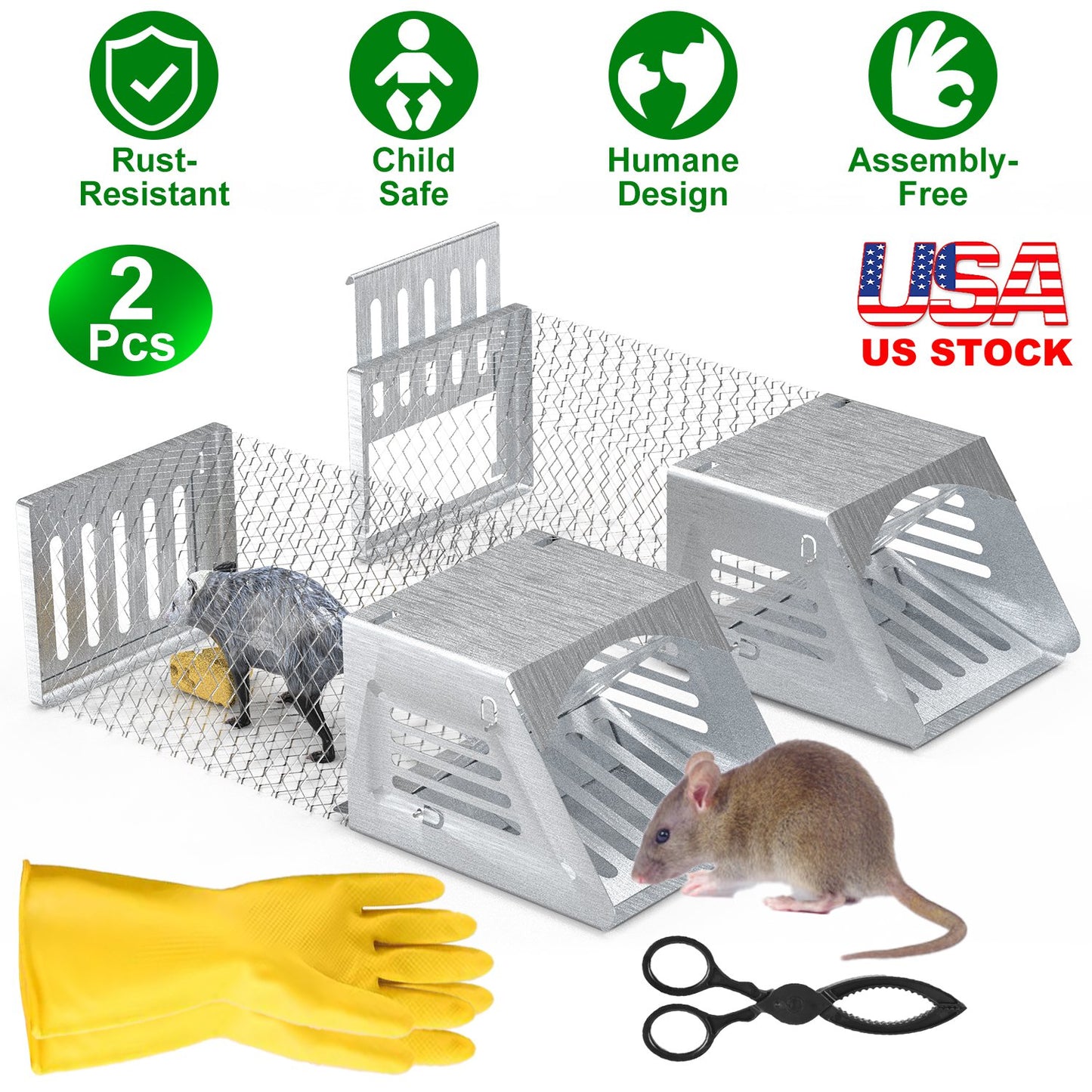 2Pcs Humane Mouse Trap Cage No Assembly Need Automatic Continuous Rat Trap with Single Way Door Reusable Catch And Release Live Cage Trap for Rodents