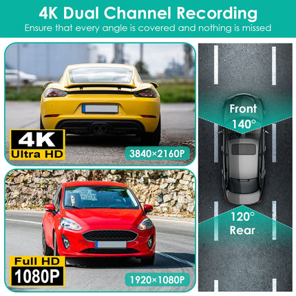 4K/1080P Dual Chanel Car Dash Cam 2.4GHz WiFi Car Camera Mini Driving Recorder with 140° Wide Angle APP Control Night Vision G-sensor Loop Recording