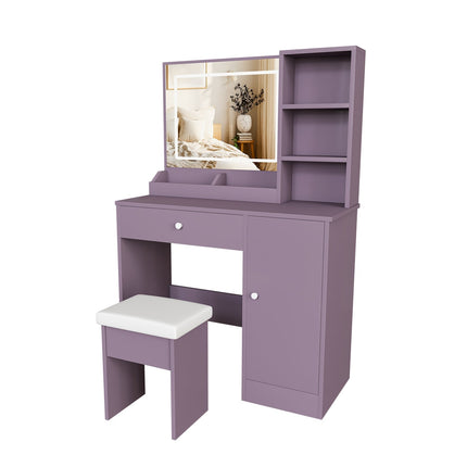Purple Vanity Desk with Lighted Mirror & Padded Stool