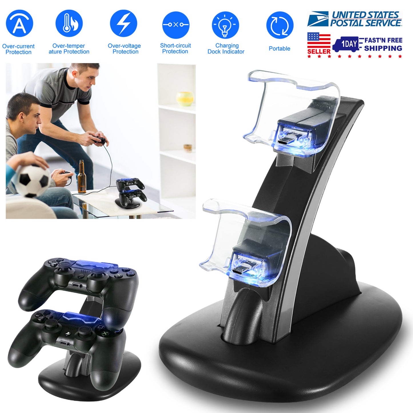 Charging Dock Station Dual Micro USB Charger Stand For PS4 Pro/PS4 Slim Gamepad Controller Handle Charging Station w/ Blue Indicator Game Lovers