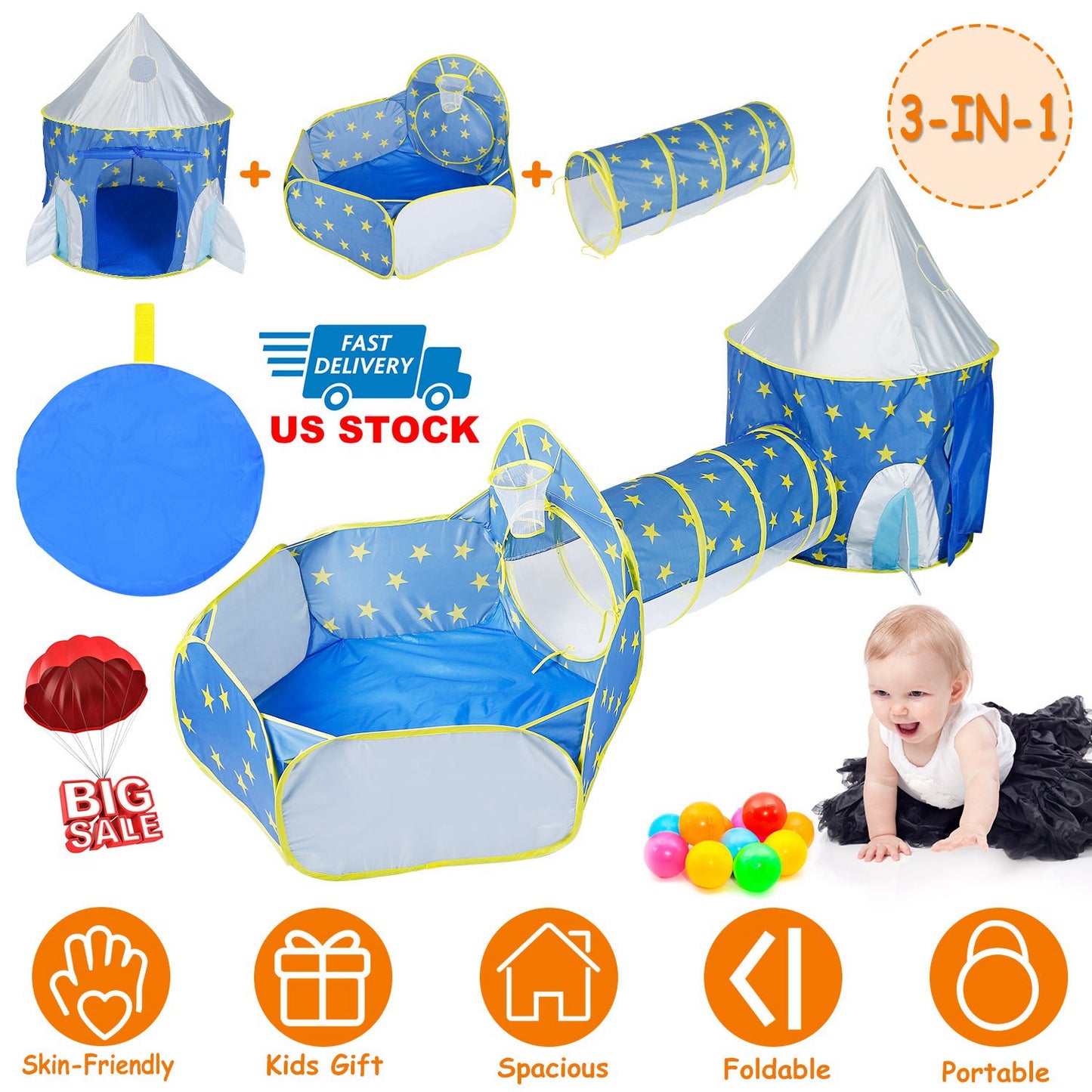 3 In 1 Child Crawl Tunnel Tent Kids Play Tent Ball Pit Set Foldable Children Play House Pop-up Kids Tent w/Storage Bag For Indoor Outdoor Travel Use